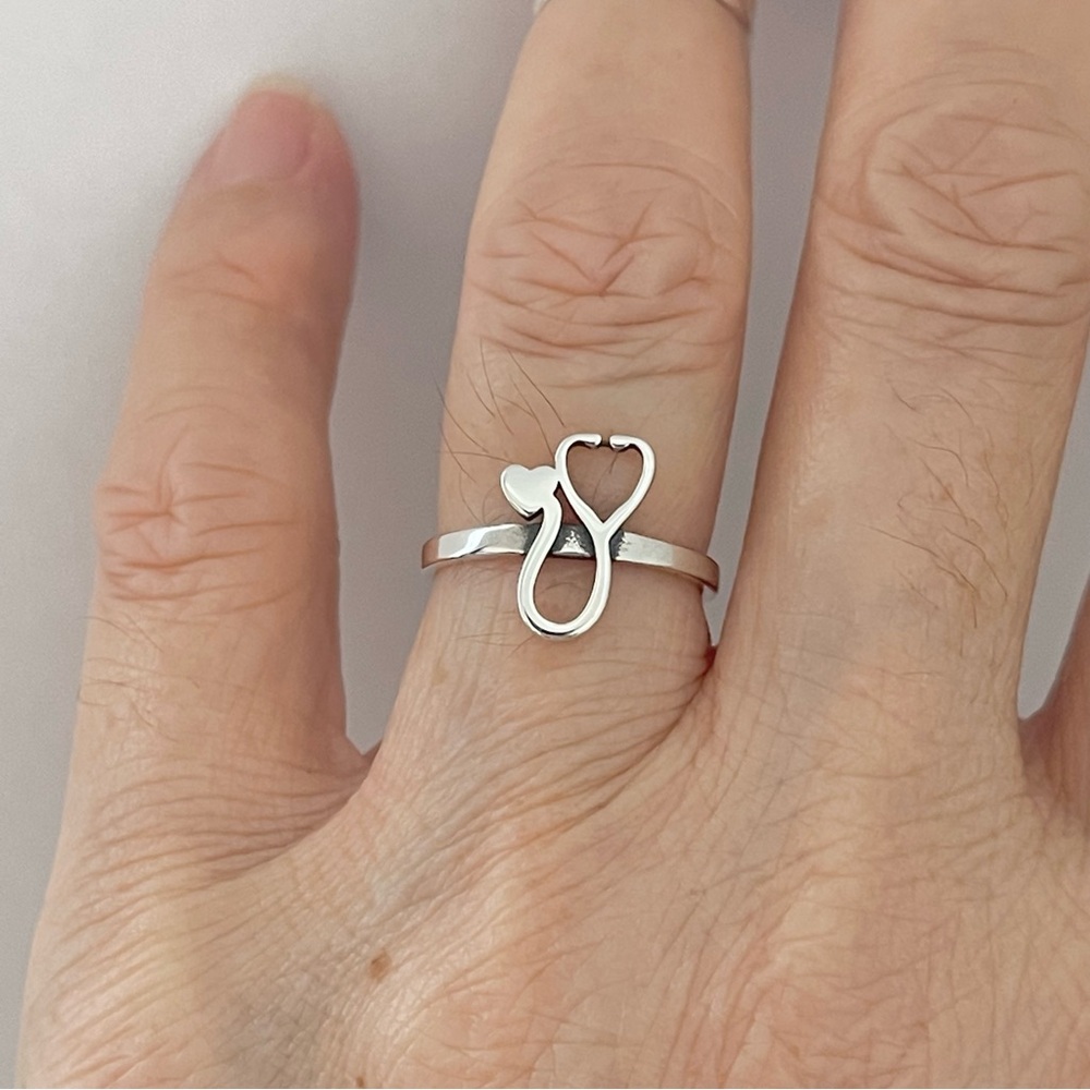 Sterling Silver Heart Stethoscope Ring, Doctor Ri… - image 2